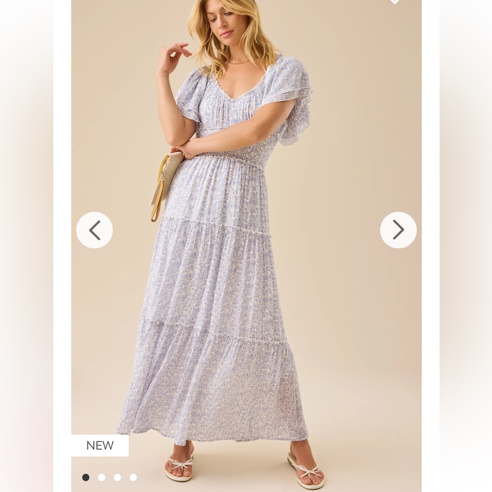 Altar’d State Catherina Floral Blue White Maxi Dress Smocked Waist Medium NWT